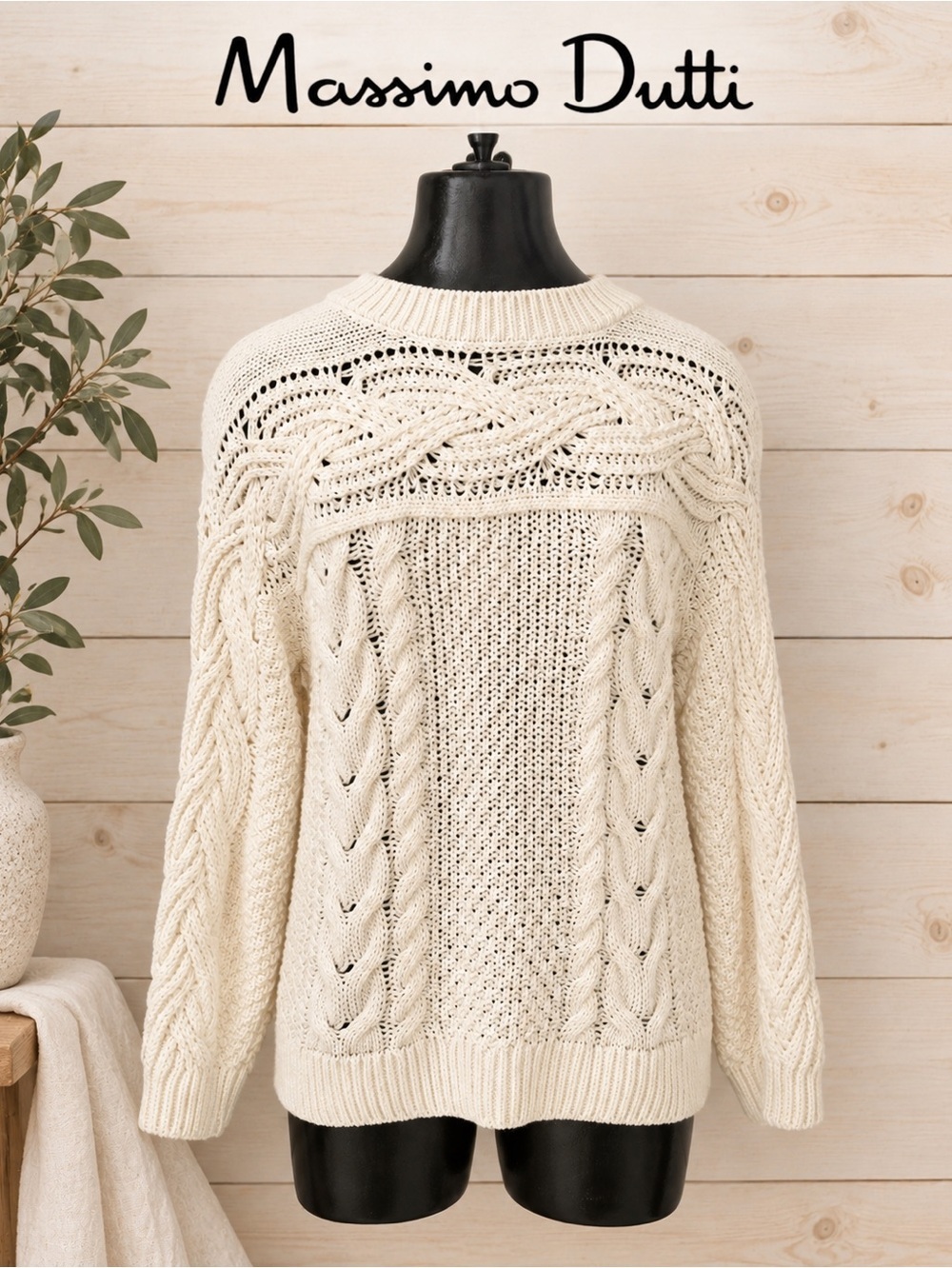 Massimo Dutti Cable-Knit Sweater – Cream – Size XS